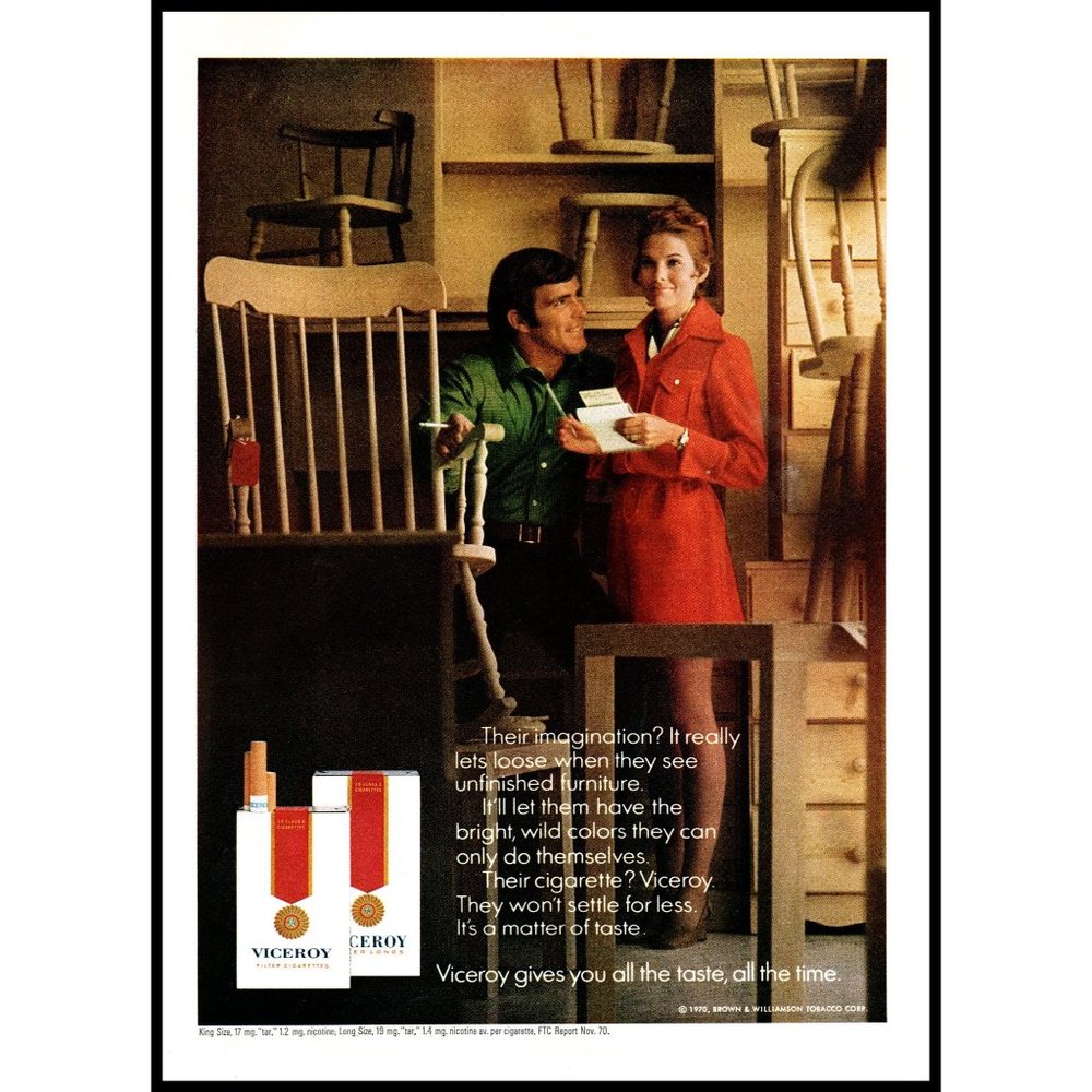 1971 Viceroy Cigarettes Vintage Print Ad Couple Unfinished Furniture Wall Art